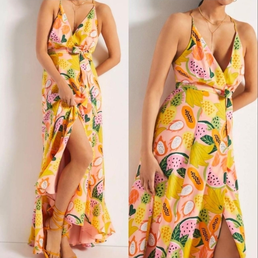 Anthropologie Hutch Mixed Fruit High-Low Wrap Dress Size Small Papaya Banana